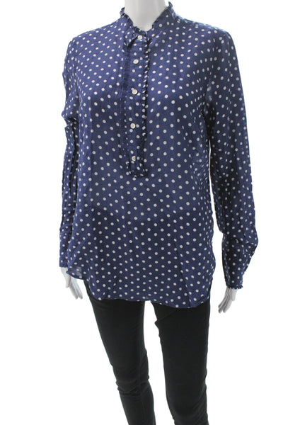 J Crew Women Tunic Blouse Dark Blue Polka Dot Long Sleeve Button Up Size 8