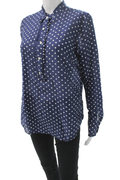 J Crew Women Tunic Blouse Dark Blue Polka Dot Long Sleeve Button Up Size 8
