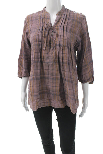 CP Shades Womens Bohemian Plaid Cotton Tunic 3/4 Sleeve Brown Size M