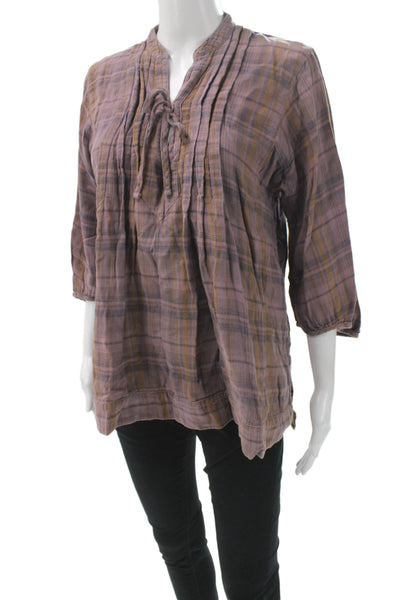 CP Shades Womens Bohemian Plaid Cotton Tunic 3/4 Sleeve Brown Size M