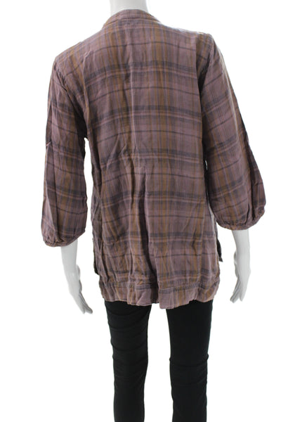 CP Shades Womens Bohemian Plaid Cotton Tunic 3/4 Sleeve Brown Size M
