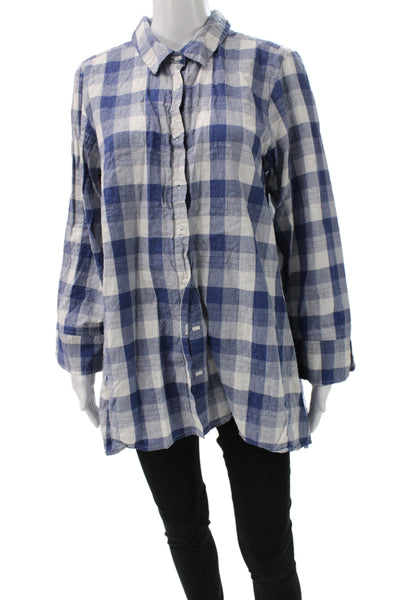 Habitat Women Tunic Button-Up Collared Check Cotton Long Sleeve Blue Size L
