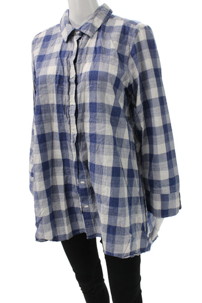 Habitat Women Tunic Button-Up Collared Check Cotton Long Sleeve Blue Size L