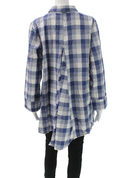Habitat Women Tunic Button-Up Collared Check Cotton Long Sleeve Blue Size L