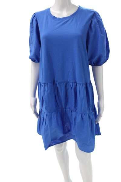 Zara Women T-Shirt Dress Blue Cotton Crew Neck Short Sleeve Size XL