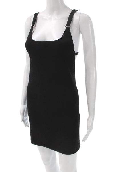 PRISCAVera Women Black Bodycon Mini Dress Sleeveless Square Neck Silk Size L