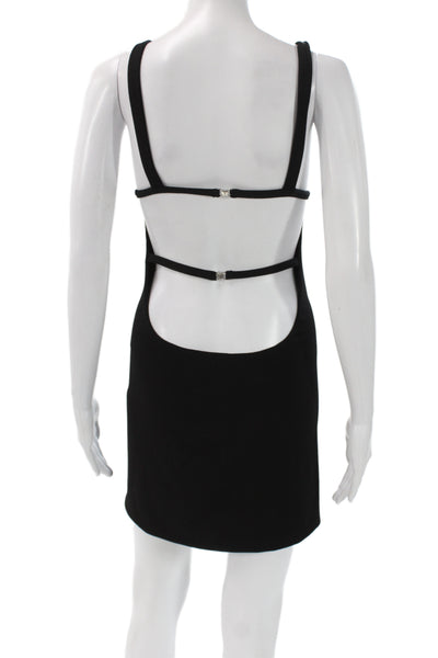 PRISCAVera Women Black Bodycon Mini Dress Sleeveless Square Neck Silk Size L