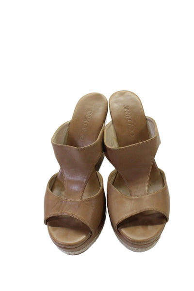 Jimmy Choo Women's Open Toe Leather Wedge Heel Slide Sandals Beige Size 10