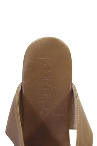 Jimmy Choo Women's Open Toe Leather Wedge Heel Slide Sandals Beige Size 10