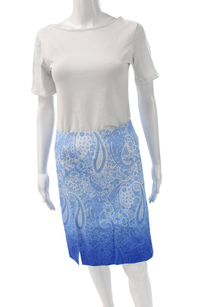 Leggiadro Women Straight Pencil Skirt Light Blue Paisley Cotton Size 4