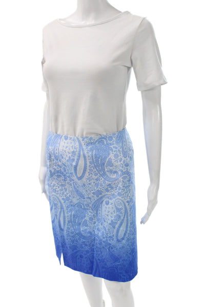 Leggiadro Women Straight Pencil Skirt Light Blue Paisley Cotton Size 4
