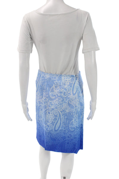 Leggiadro Women Straight Pencil Skirt Light Blue Paisley Cotton Size 4