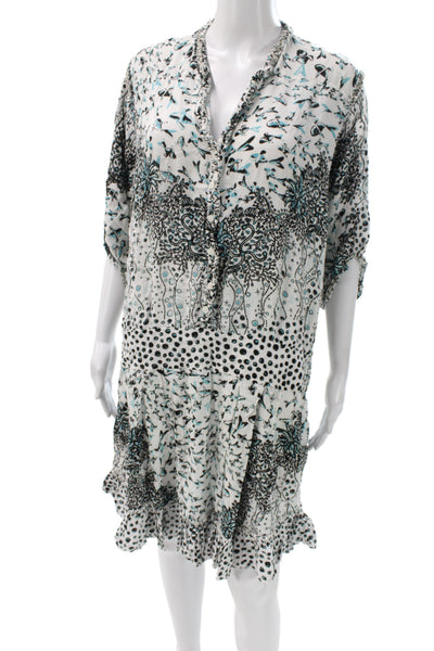 Poupette St. Barth Women Kaftan Dress Black Floral V-Neck 3/4 Sleeve Size L