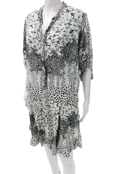 Poupette St. Barth Women Kaftan Dress Black Floral V-Neck 3/4 Sleeve Size L