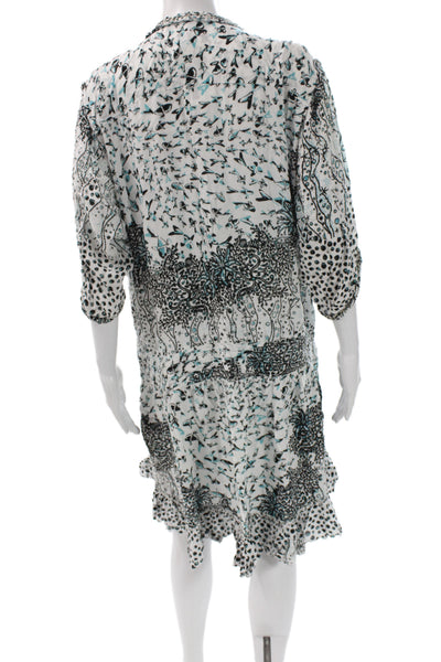 Poupette St. Barth Women Kaftan Dress Black Floral V-Neck 3/4 Sleeve Size L