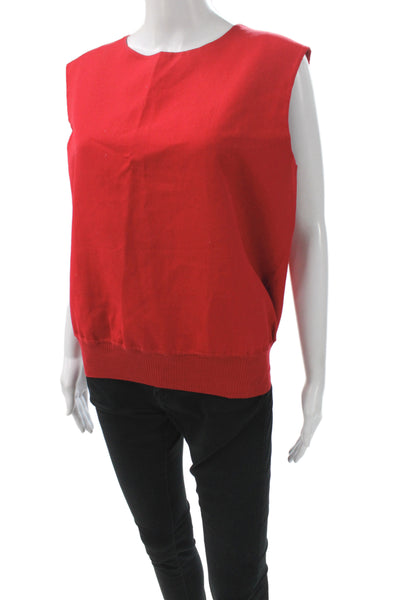 Agnona Women Designer Red Sleeveless Cardigan Vest Button Crew Neck Size 46