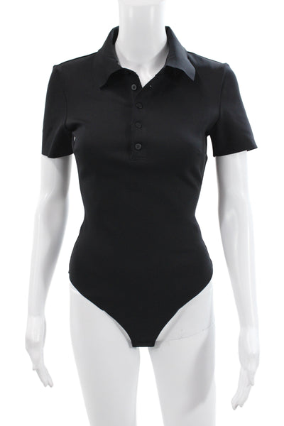 Commando Womens Collared Short Sleeve Bodysuit Black Size S