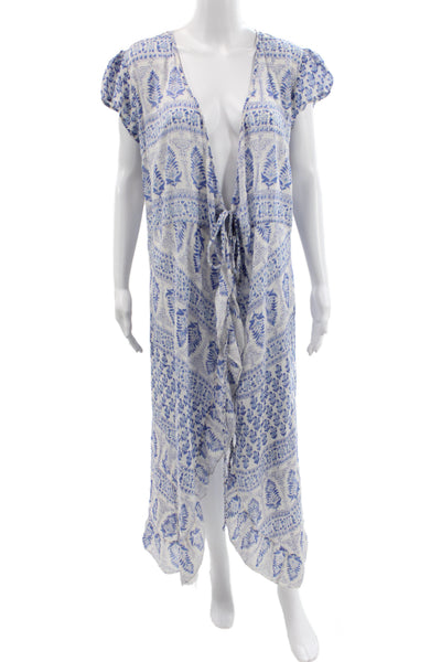 Bell Womens Kaftan Maxi Dress Blue Floral V-Neck Short Sleeve Cotton Size S