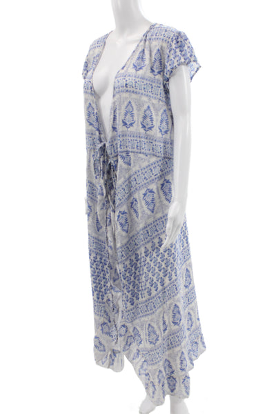 Bell Womens Kaftan Maxi Dress Blue Floral V-Neck Short Sleeve Cotton Size S