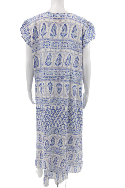 Bell Womens Kaftan Maxi Dress Blue Floral V-Neck Short Sleeve Cotton Size S