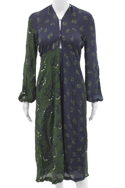 Ottod Ame Womens Dark Blue Paisley V-Neck Long Sleeve Kaftan Dress Size 4