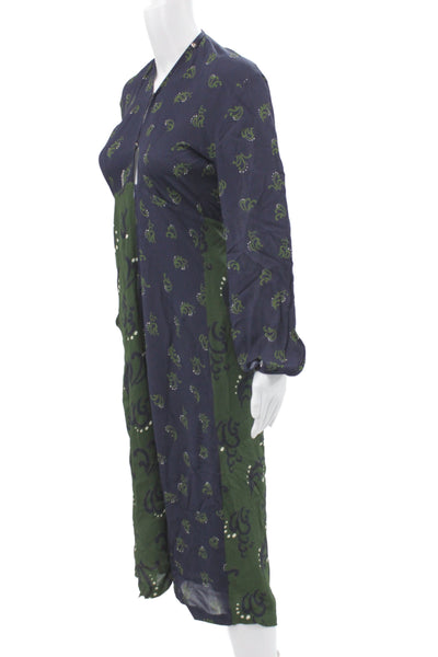 Ottod Ame Womens Dark Blue Paisley V-Neck Long Sleeve Kaftan Dress Size 4