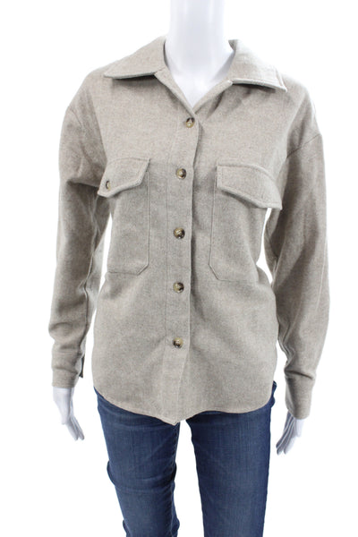 Honest Edit Women Beige Herringbone Button-Up Collared Shirt Wool Blend Size S