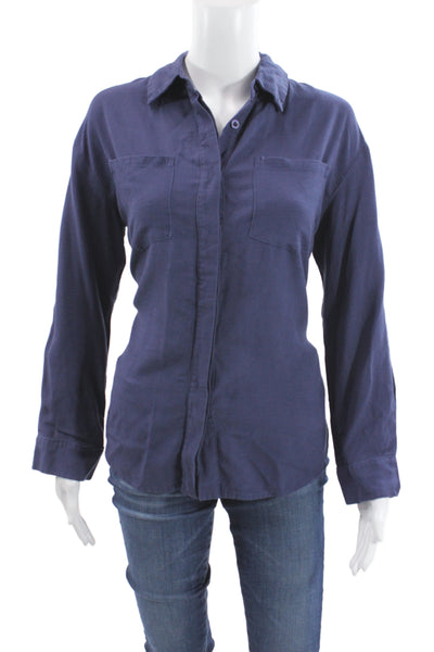 Honest Edit Women Collared Long Sleeve Button-Up Dark Blue Linen Size XS