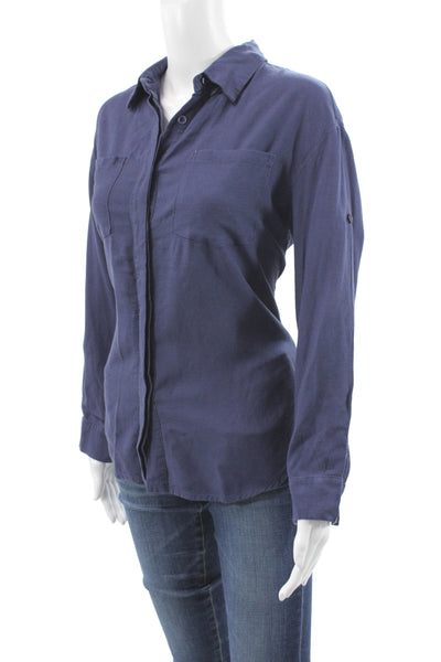 Honest Edit Women Collared Long Sleeve Button-Up Dark Blue Linen Size XS