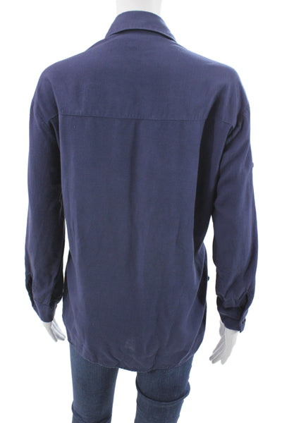 Honest Edit Women Collared Long Sleeve Button-Up Dark Blue Linen Size XS