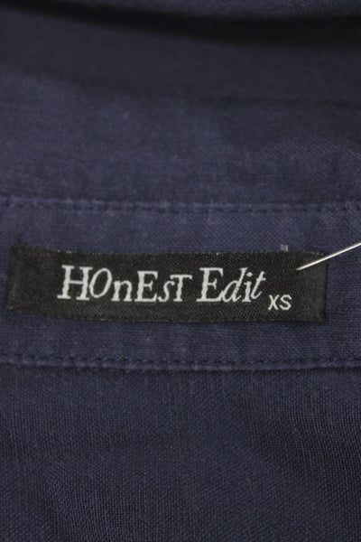 Honest Edit Women Collared Long Sleeve Button-Up Dark Blue Linen Size XS