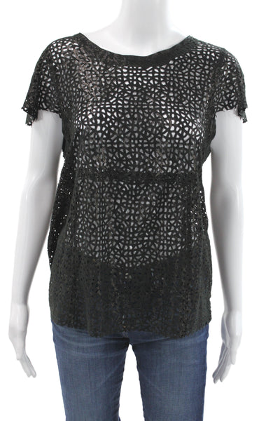DROMe Women Leather Round Neck Geometric Short Sleeve Blouse Black Size S