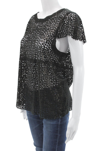 DROMe Women Leather Round Neck Geometric Short Sleeve Blouse Black Size S