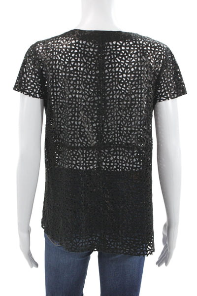 DROMe Women Leather Round Neck Geometric Short Sleeve Blouse Black Size S