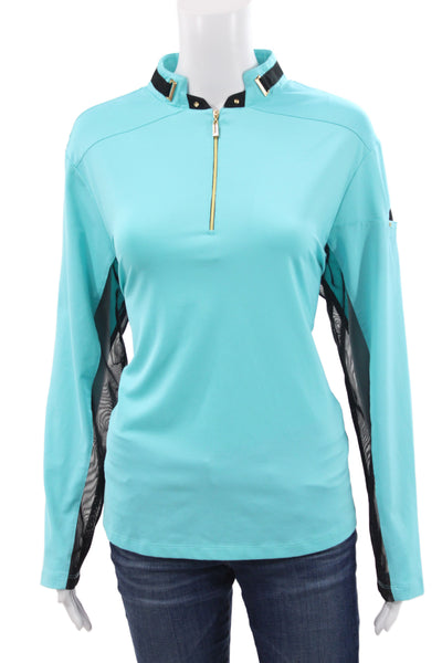 Jamie Sadock Women Designer Light Blue Mock Neck Zip Long Sleeve Top Size L