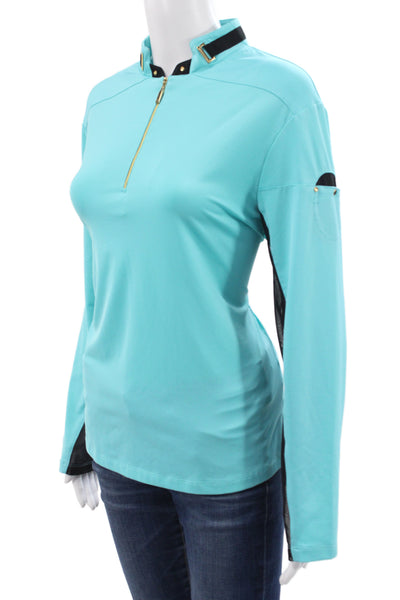 Jamie Sadock Women Designer Light Blue Mock Neck Zip Long Sleeve Top Size L