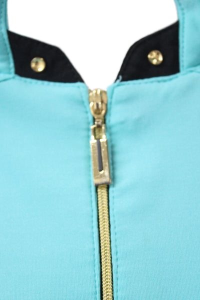 Jamie Sadock Women Designer Light Blue Mock Neck Zip Long Sleeve Top Size L