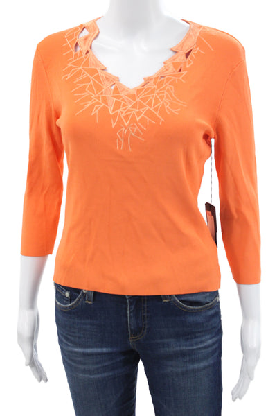 Cyrus Women Basic V-Neck 3/4 Sleeve Geometric Orange Top Size S