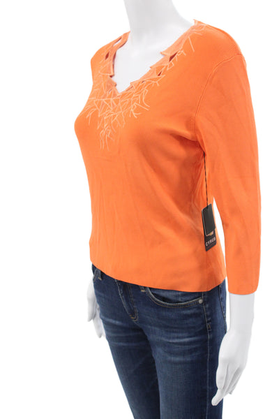 Cyrus Women Basic V-Neck 3/4 Sleeve Geometric Orange Top Size S