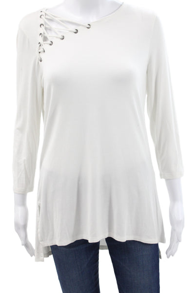 Cyrus Womens Tunic White Round Neck Lace Up 3/4 Sleeve Cotton Spandex Size M