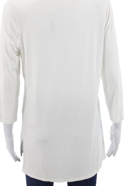 Cyrus Womens Tunic White Round Neck Lace Up 3/4 Sleeve Cotton Spandex Size M
