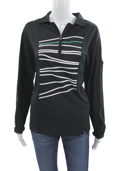 Jamie Sadock Women Striped Collared Jersey Top Black Long Sleeve Zip Size L
