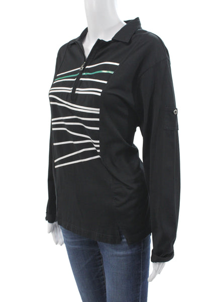 Jamie Sadock Women Striped Collared Jersey Top Black Long Sleeve Zip Size L