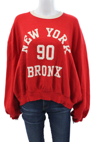 Zara Women Pullover Sweatshirts Red Graphic Crew Neck Long Sleeve Cotton Size L