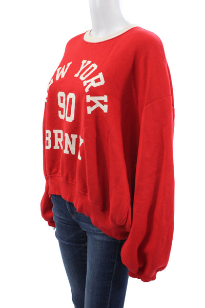 Zara Women Pullover Sweatshirts Red Graphic Crew Neck Long Sleeve Cotton Size L