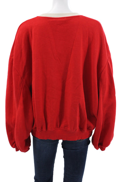 Zara Women Pullover Sweatshirts Red Graphic Crew Neck Long Sleeve Cotton Size L