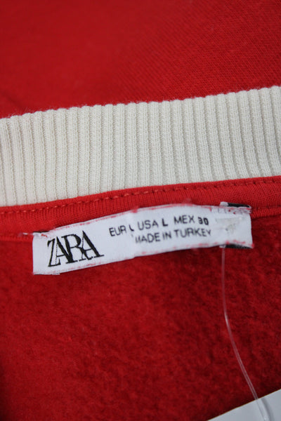 Zara Women Pullover Sweatshirts Red Graphic Crew Neck Long Sleeve Cotton Size L