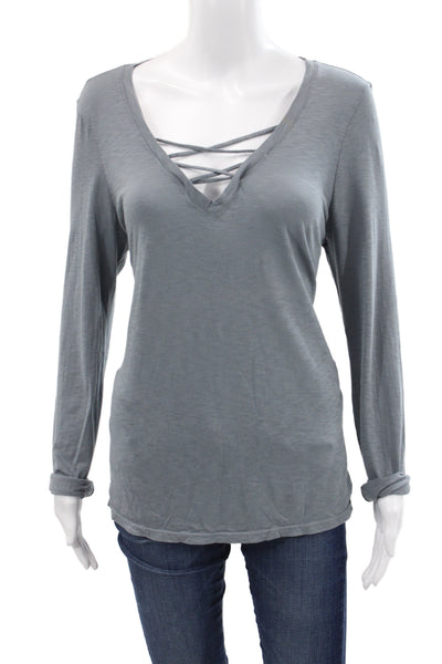 Michael Stars Women V-Neck Lace Up Gray Supima Long Sleeve T-Shirt Size One