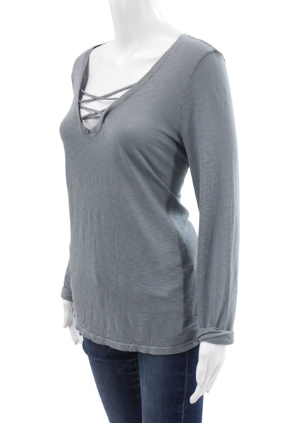 Michael Stars Women V-Neck Lace Up Gray Supima Long Sleeve T-Shirt Size One