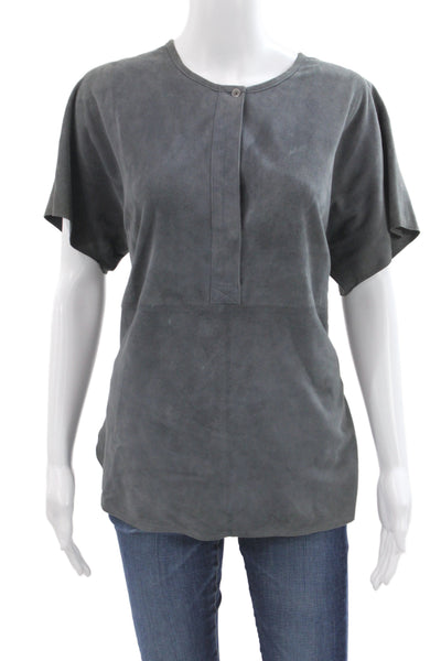 Vince Womens Silk Short Sleeve Round Neck Blouse Dark Gray Button Size M